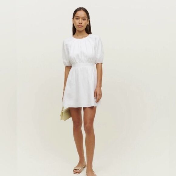 Reformation Irwin linen Puff Sleeve Mini Dress White Size 6 - Picture 1 of 9